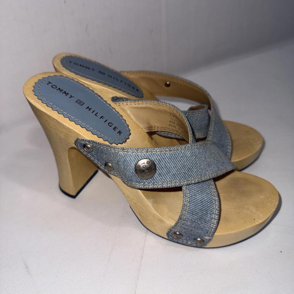 Vintage Tommy Hilfiger Y2K 90s Studded Wooden Block Denim‎ Heels Size 6M